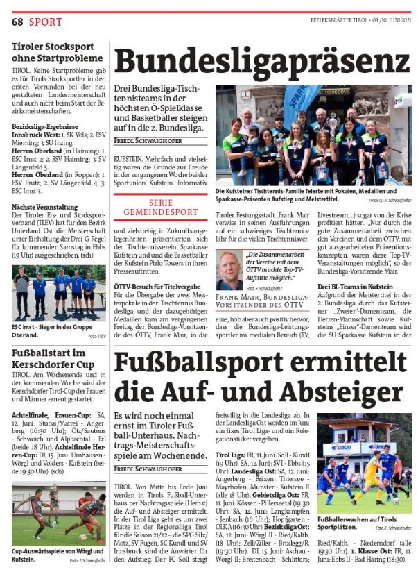 Bericht Bezirksblätter Kufstein vom 09.06.2021 – Start der Meisterschaften